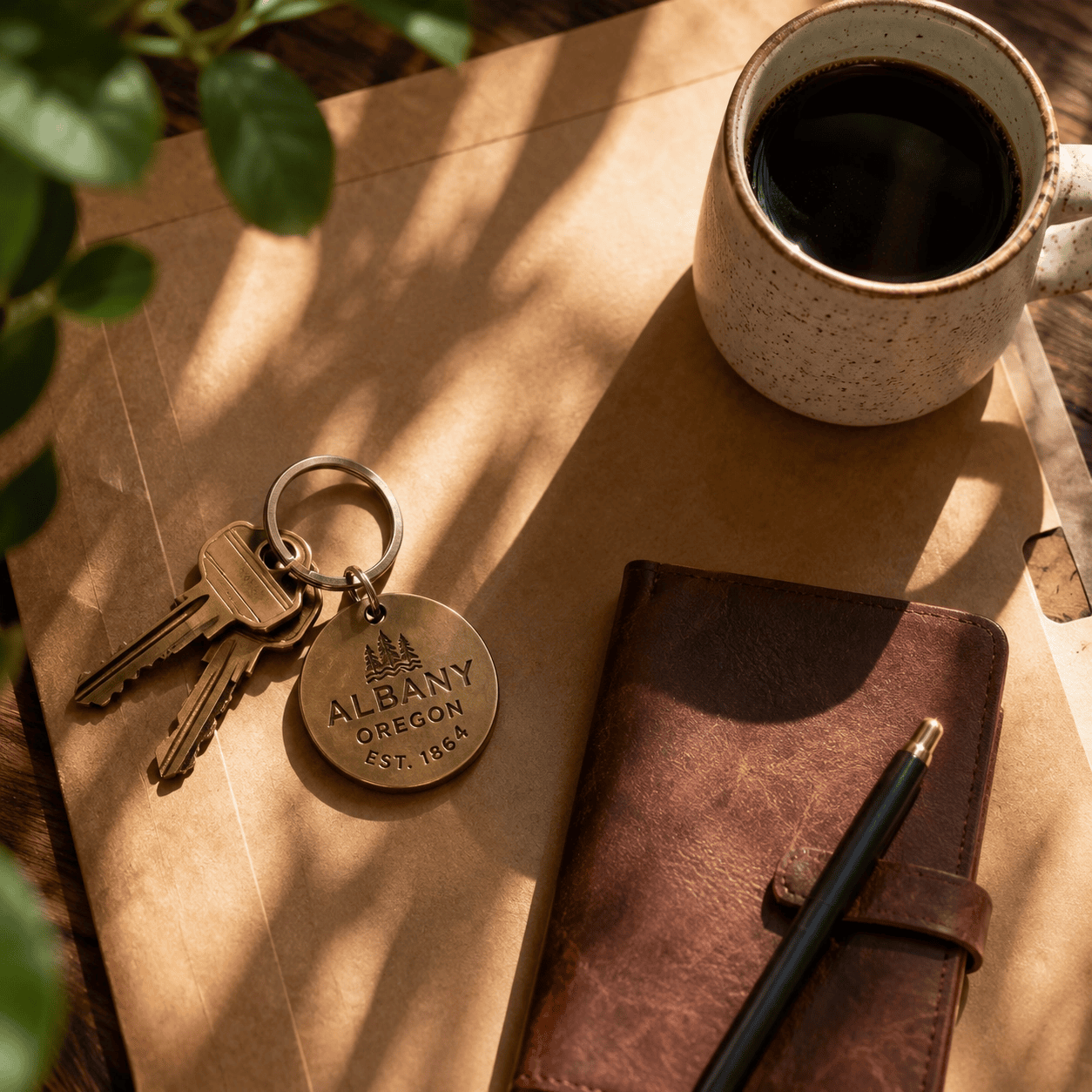 Editorial flat lay of Albany home keys, a coffee, and a small leather notebook on warm paper.