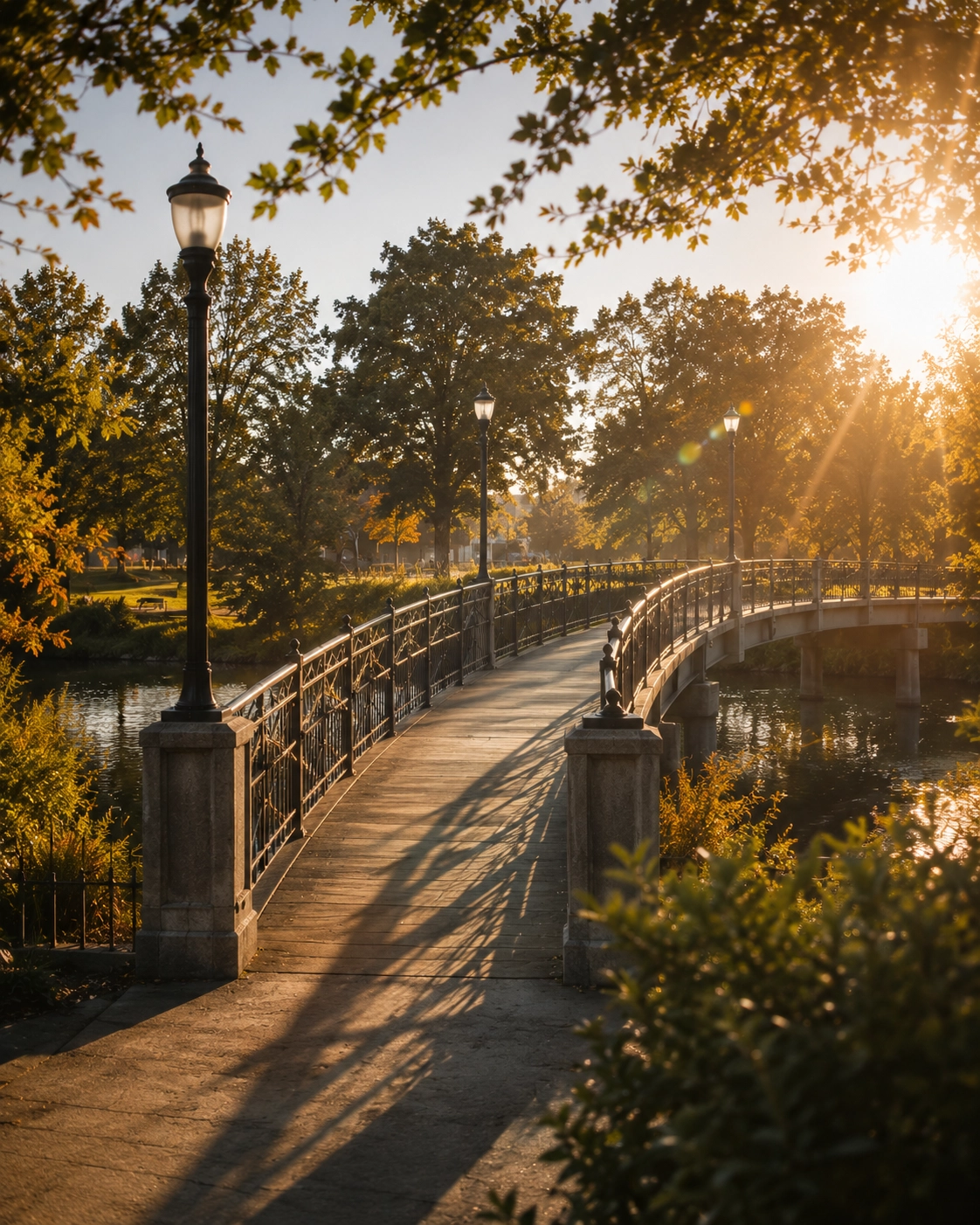 Cinematic still of Monteith Park footbridge in Albany Oregon with mature trees and morning sunlight.