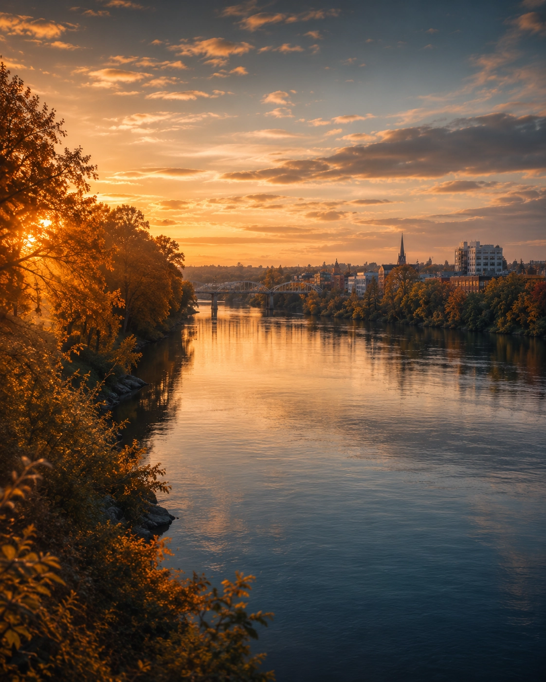 Cinematic still of golden-hour light along the Willamette River in Albany with autumn trees.