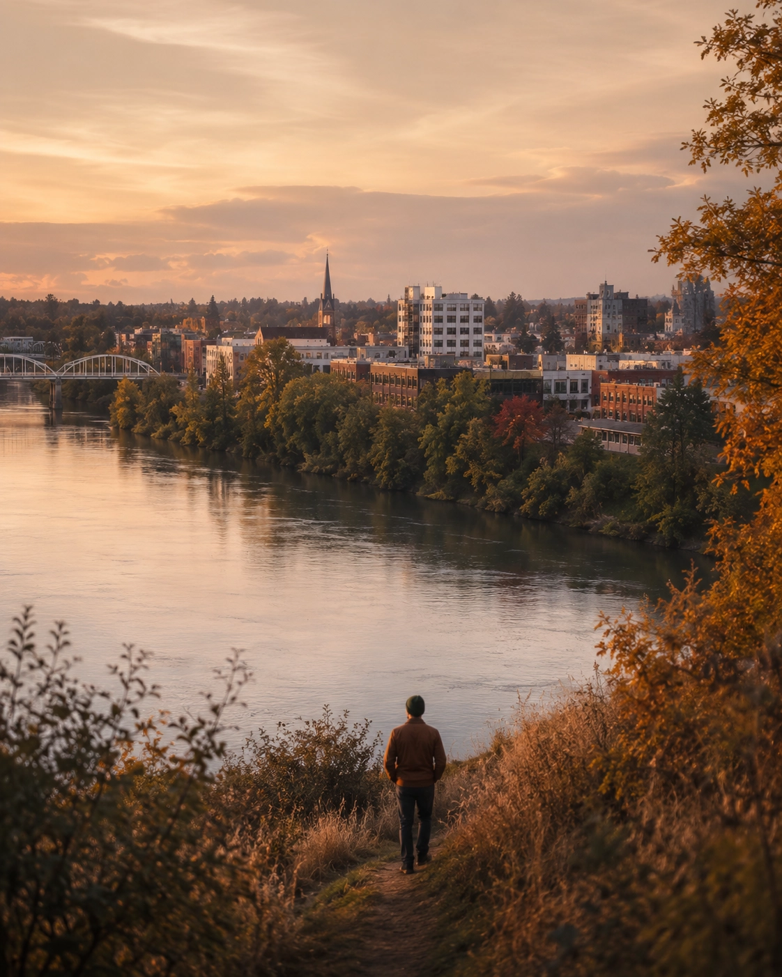 Editorial film poster of Albany Oregon skyline at soft hour with the Willamette bending through.